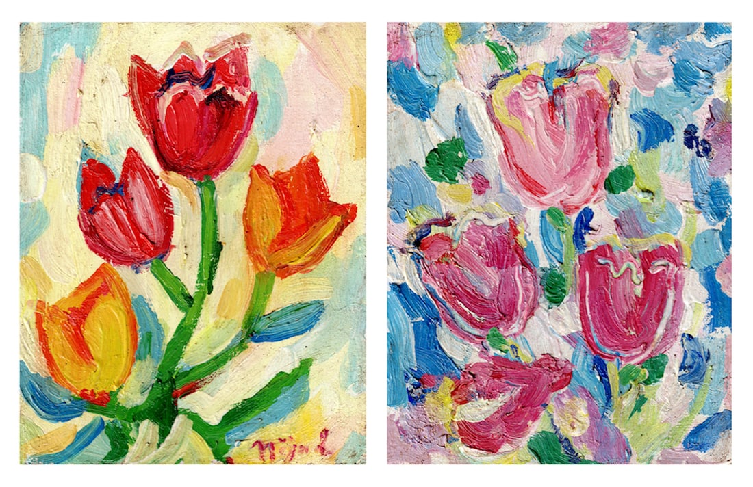 Nejad DEVRIM (1923-1995) Turkish - French: Nejad Melih DEVR?M (1923-1995) ; Lot of 2 oil on cardboard paintingsTulips ; 1961 ; each one size 12 x 9,5 cm (4 3/4 x 3 3/4 in.) ; Shipping to USA - DHL €140 , National post with tracking servic