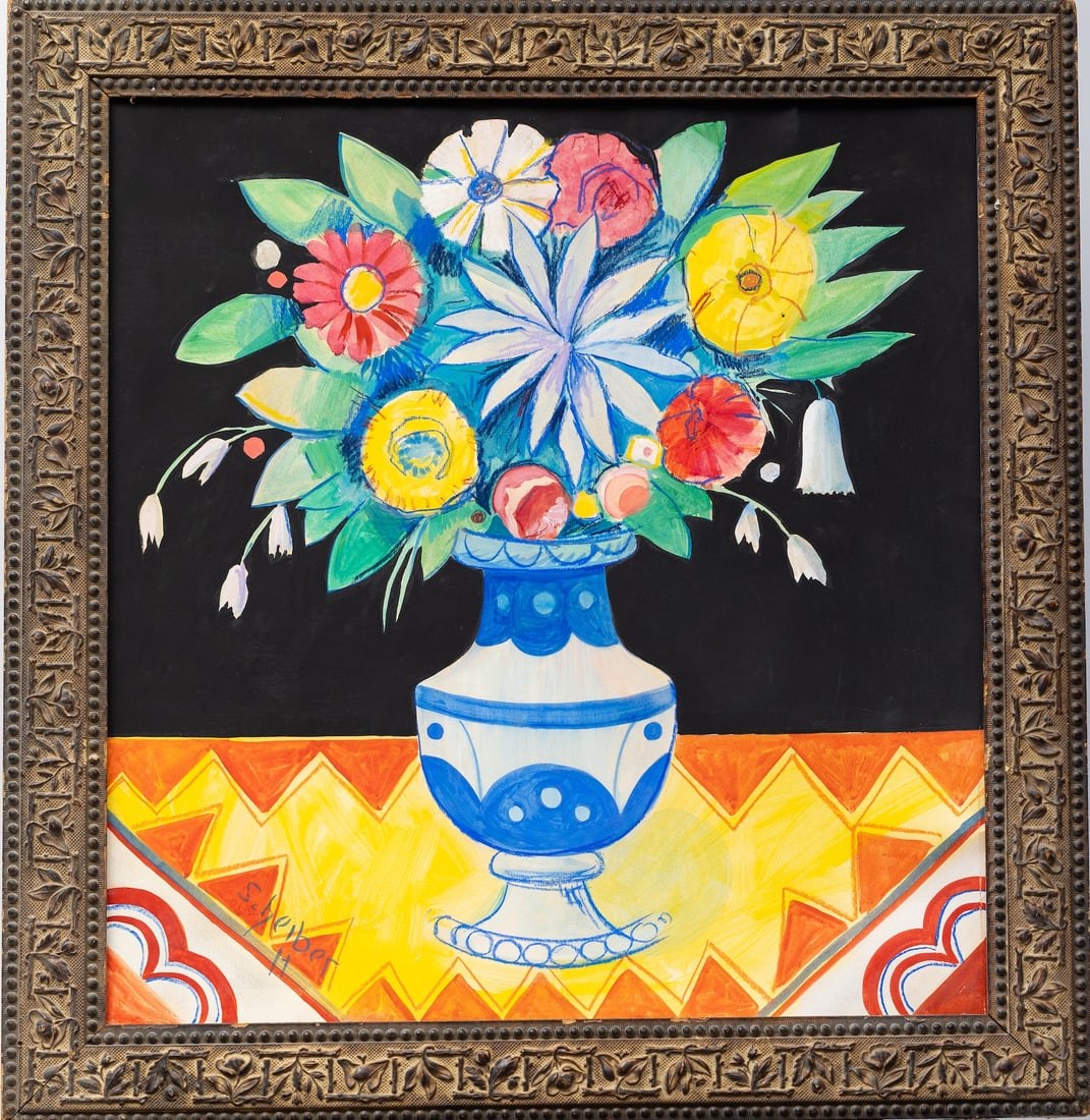 Hugo Scheiber (1873-1950) Hungarian - Austrian: Hugo Scheiber (1873-1950) ; Art Deco Flower Still-Life ; c.1930s ; mixed media on paper / framed ; dimensions 57 x 54 cm (22 1/2 x 21 1/4 in.) ; authentic frame 72 x 69 cm (28 1/3 x 27 1/4 in.) ; sign