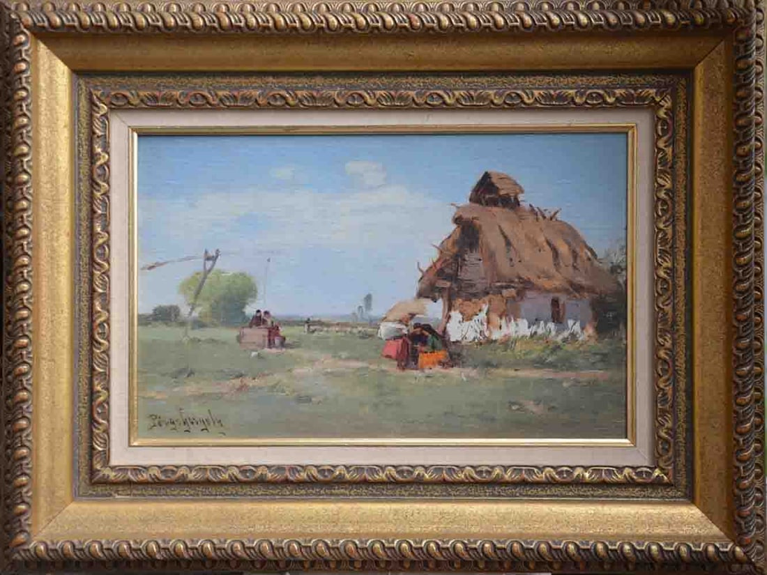 Gergely PORGE (1858-1930) Hungarian: Gergely PORGE (1858-1930) ; Landscape ; the end of the 19th - early 20th century ; oil on wood panel / framed ; dimensions 22 x 35 cm (8 1/3 x 13 3/4 in.) ; signed lower left corner / named on verso i