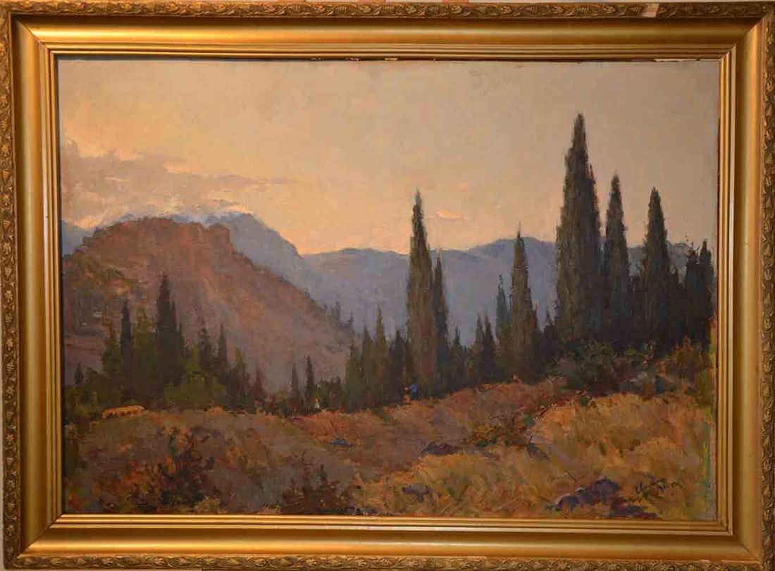 Dmitriy TSCHVALA (1928) Russian - Ukrainian: Dmitriy Andreevich TSCHVALA (1928) ; Crimea ; 1960 ; oil on canvas ; framed ; dimensions 70 x 100 cm (27 1/2 x 39 1/3 in.) ; signed & dated lower right corner ; Shipping to USA - DHL $450 , National p