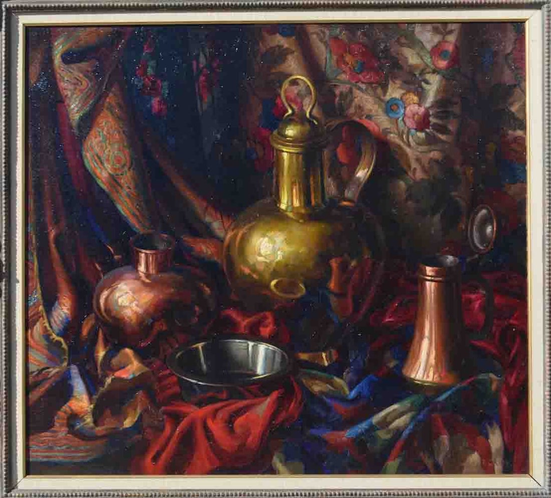 Frank KIRK (1889-1963) Russian - Ukrainian - American: Frank Cohen KIRK (1889 Zhitomir - 1963 New York) ; Still-life with crockery ; the 2nd quarter of the 20th century ; oil on masonite / framed ; dimensions 92 x 102 cm (36 x 40 in.) ; frame size 117 x 1