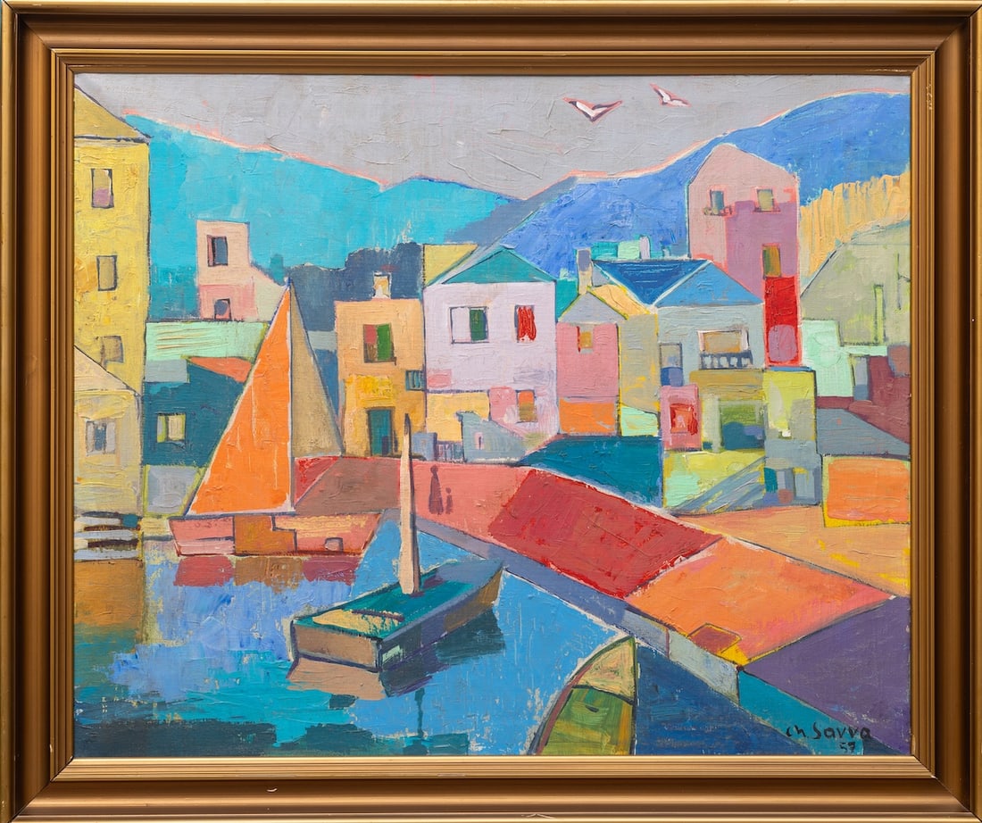 Christoforos Savva (1924-1968) Cypriot - Greece - French - British: Christoforos Savva (1924-1968) ; oil on canvas / 1957 ; dimensions 50,5 x 62 cm (19 7/8 x 24 1/2 in.) ; frame size 63,3 x 72 cm (25 x 28 1/3 in.) ; signed and dated lower right corner ; Shipping to US