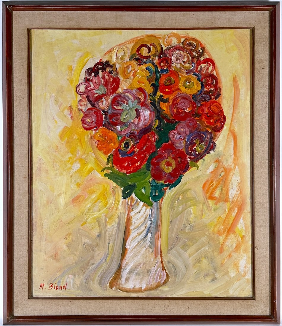 Maurice BLOND (1899-1974) Polish - French: aurice BLOND (1899-1974) ; Bouquet ; oil on canvas / framed ; dimensions 65 x 54 cm (25 1/2 x 21 1/4 in.) ; frame size 77,5 x 67 cm (30,1/2 x 26 1/3 in.) ; signed lower left corner ; Shipping to USA -