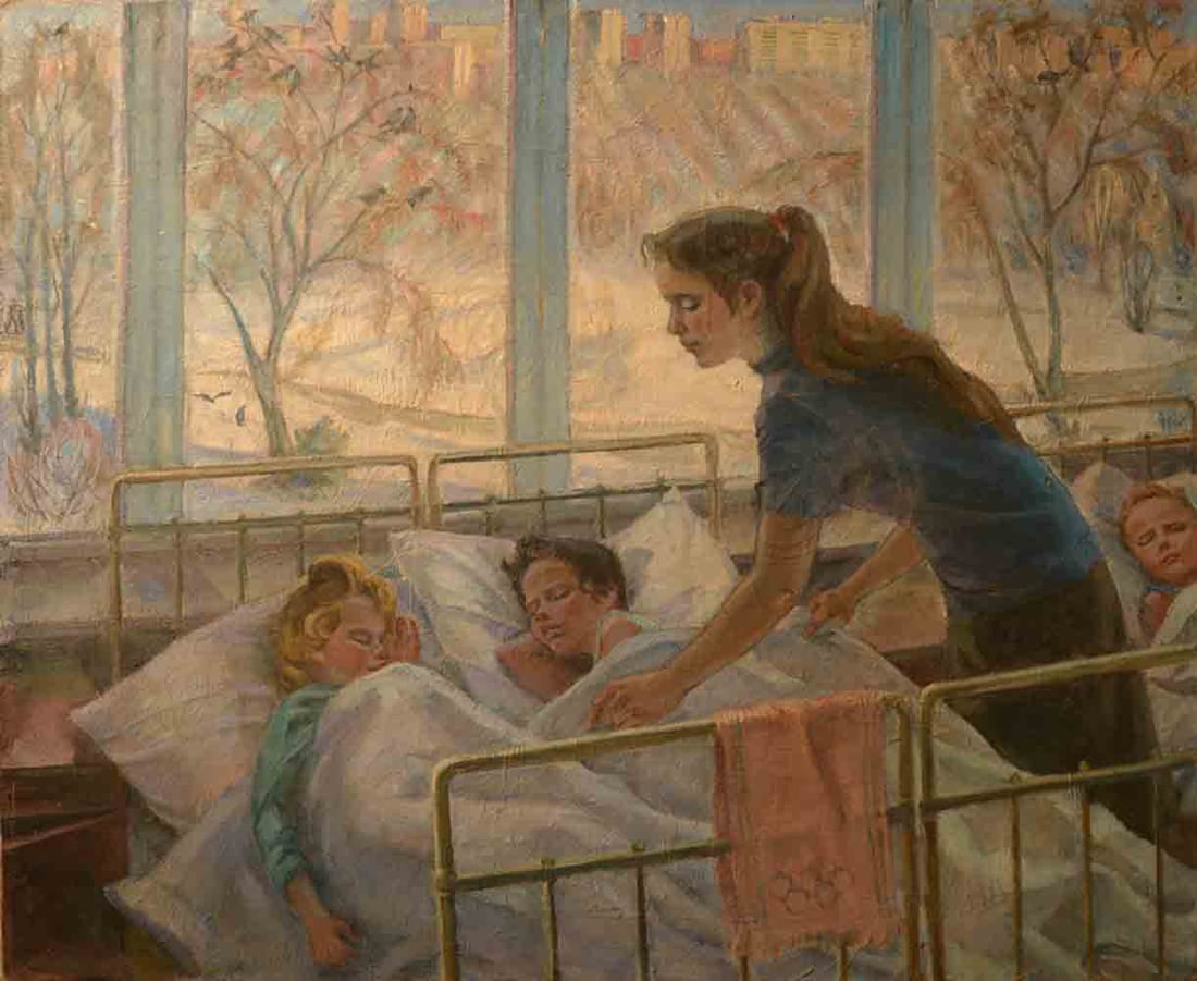 Sofia NIZOVAIA (1918-1993) Ukrainian - Russian: Sofia NIZOVAIA (1918-1993) ; 1980 ; oil on canvas / unframed ; dimensions 90 x 110 cm (35 1/2 x 43 1/3 in.) ; signed lower right ; Shipping to USA - DHL $450 , National post with tracking service $220