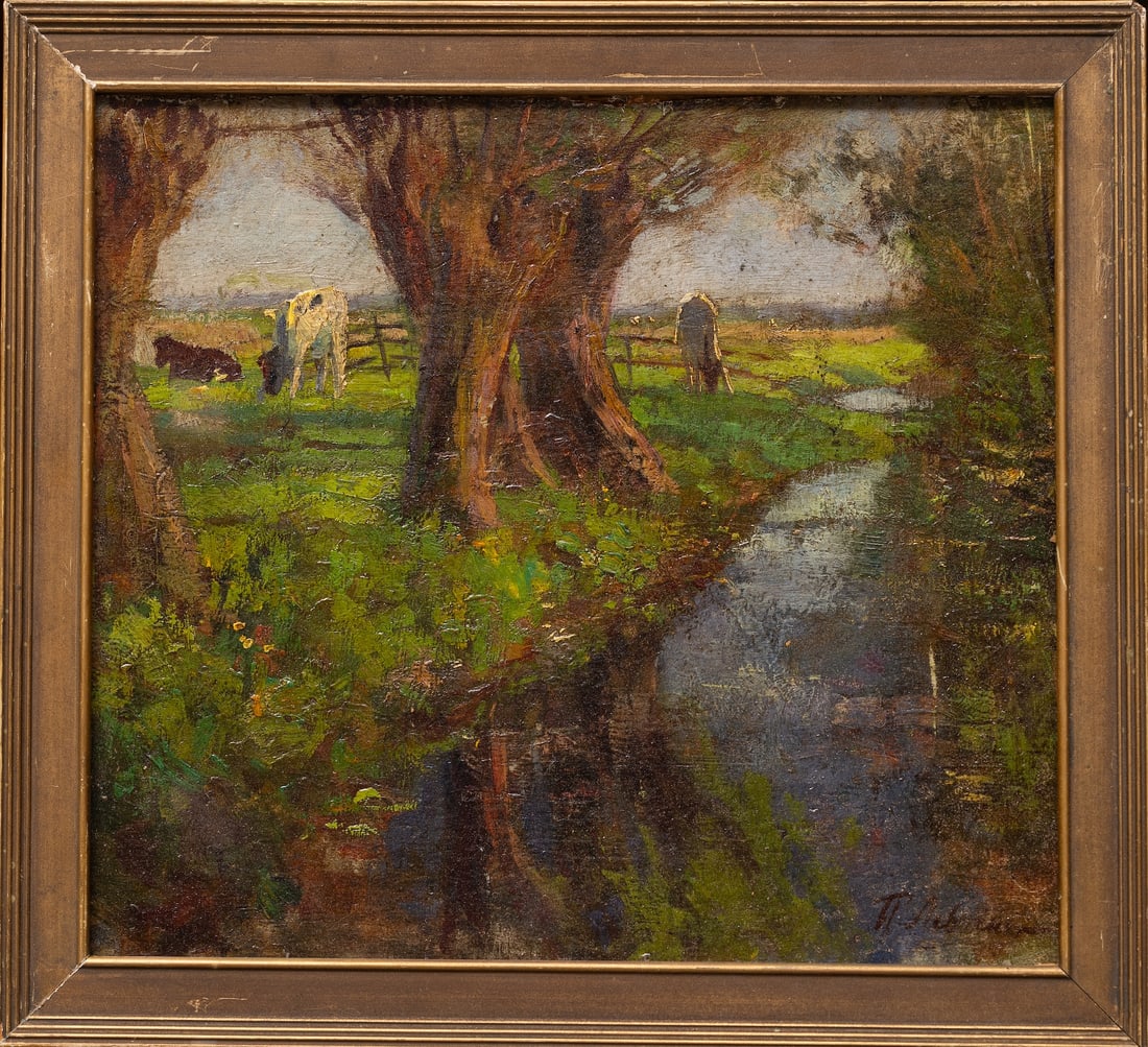 Petr Levchenko (1859-1917) Ukrainian: Petr Alekseevich (Petro) Levchenko (1859-1917) Ukrainian - Russian ; Landscape with cows ; late 19 - early 20 century ; oil on cardboard / framed ; dimensions 23,5 x 26 cm (9 1/4 x 10 1/4 in.) ; frame