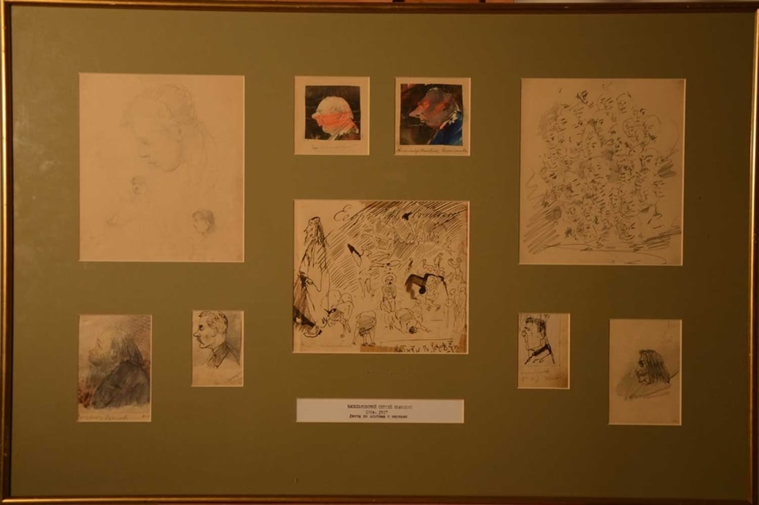 Sergei VASILKOVSKY (1854-1917) Russian - Ukrainian: Sergei Ivanovich VASILKOVSKY (1854-1917) ; Lot of 9 drawings from the cartoons album ; pencil, ink and watercolor on paper ; frame size 59 x 87 cm (23 1/4 x 34 1/4 in.) ; Shipping to USA - DHL $320 ,