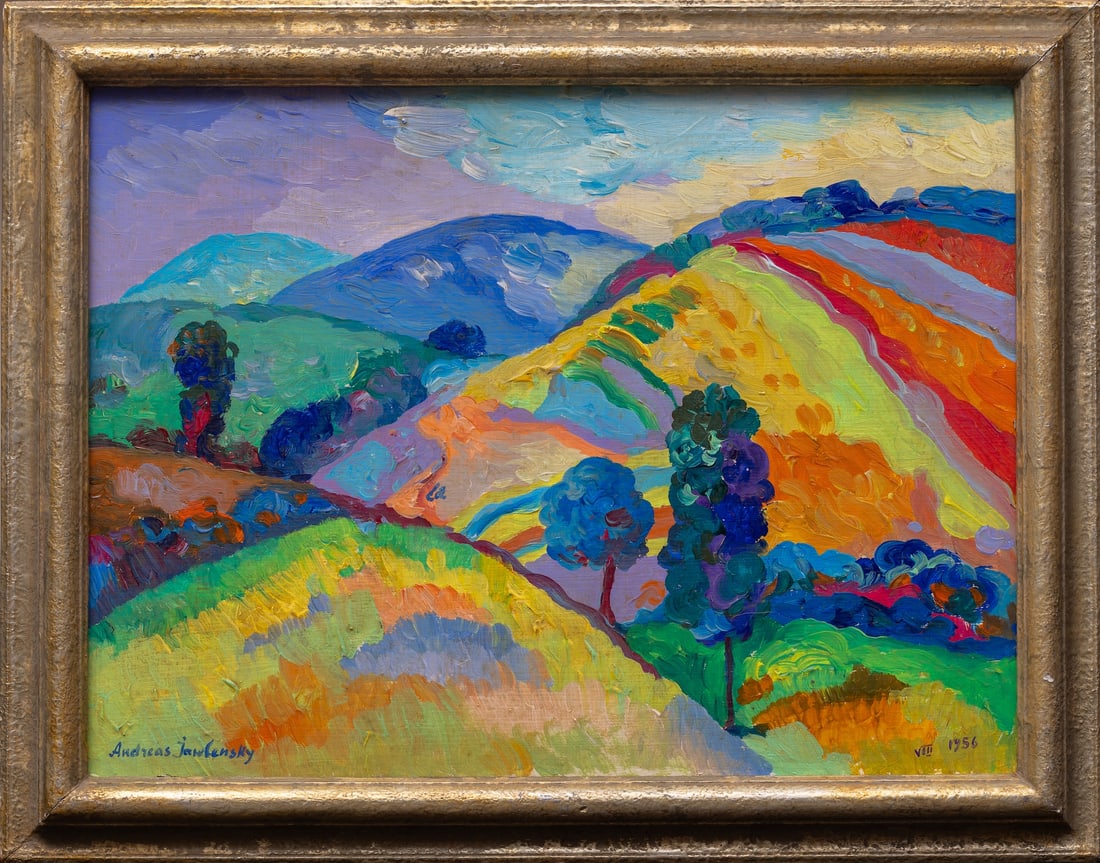 Andre Jawlensky (1902-1984) Latvian - Polish - Germany: Andre Jawlensky (1902-1984) ; Odenwald ; 1956 ; oil on masonite / framed ; dimensions 31 x 41 cm (12 1/4 x 16 1/4 in.) ; frame size 37 x 47 cm (14 1/2 x 18 1/2 in.) ; signed lower left corner, dated l