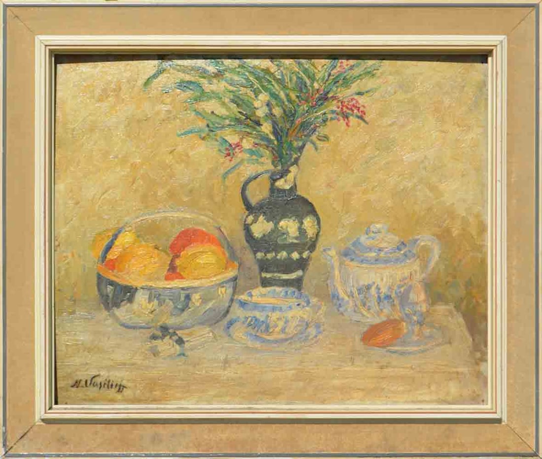 Nikolaj VASILEV (1892-1970) Russian - American: Nikolaj Ivanovic VASILEV (1892-1970) ; Still-life ; 1st half of the 20th century ; canvas on cardboard, oil - framed ; dimensions 40 x 49 cm (15 3/4 x 19 1/3 in.) ; signed lower left corner ; Shipping