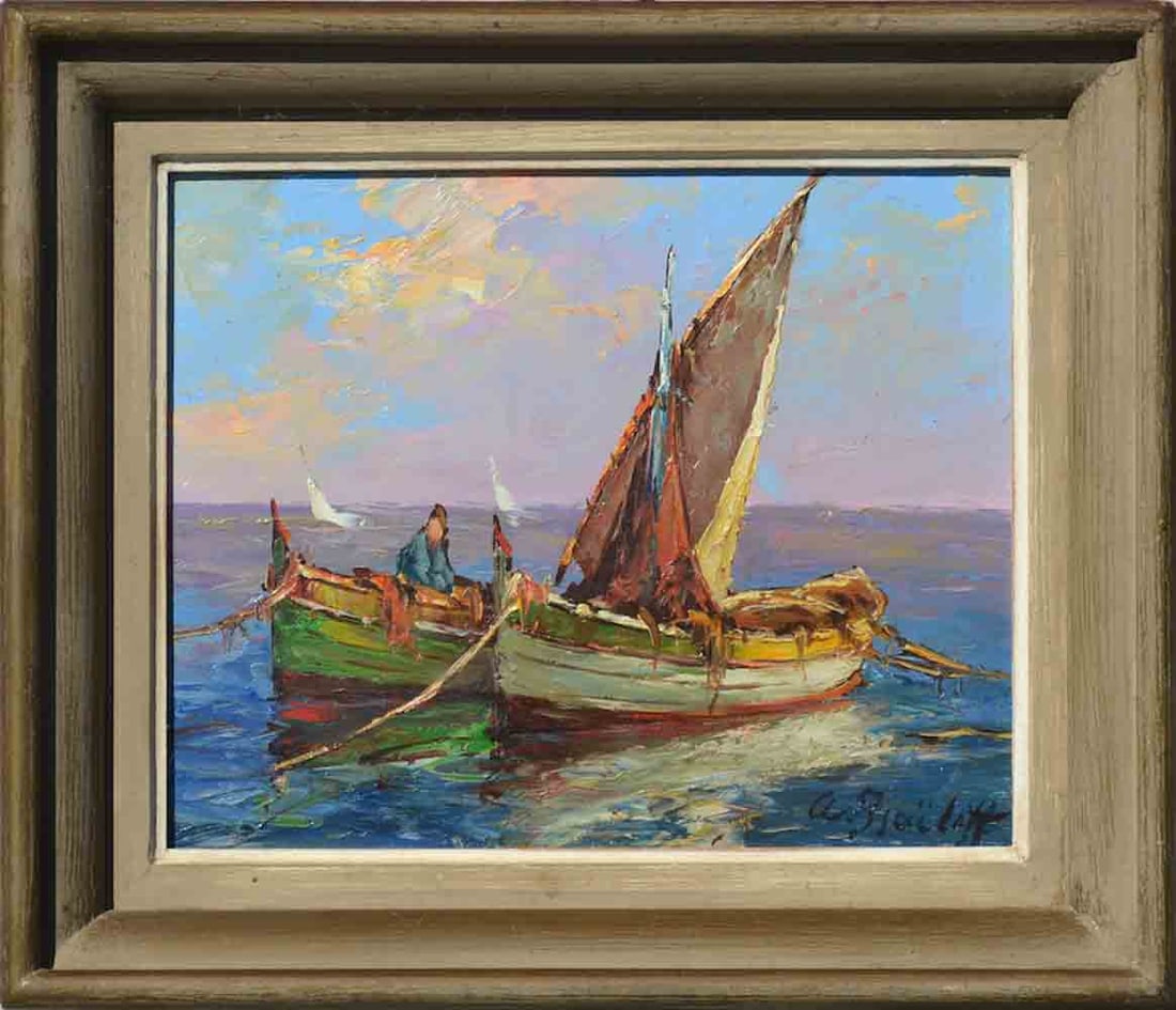 Alexandre ISAILOFF (1869-?) Russian - French: Alexandre ISAILOFF (1869-?) ; Seascape ; early 20th century ; oil on artistboard - framed ; dimensions 22 x 27 cm (8 2/3 x 10 2/3 in.) ; signed lower right corner ; Shipping to USA: DHL - $160 / Natio