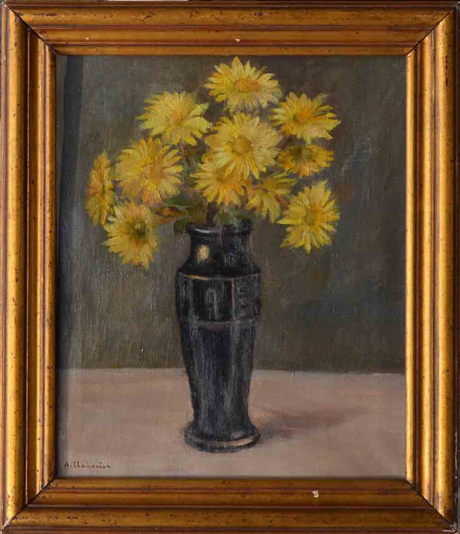 Arsen SHABANYAN (1864-1949) Russian/Armenian - French: Arsen SHABANYAN (1864-1949) ; Floral still-life ; the 1st third of the 20th c. ; oil on canvas / framed ; dimensions 48 x 40 cm (19 x 15 3/4 in.) ; frame size 58 x 50 cm (23 x 19 2/3 in.) ; signed low