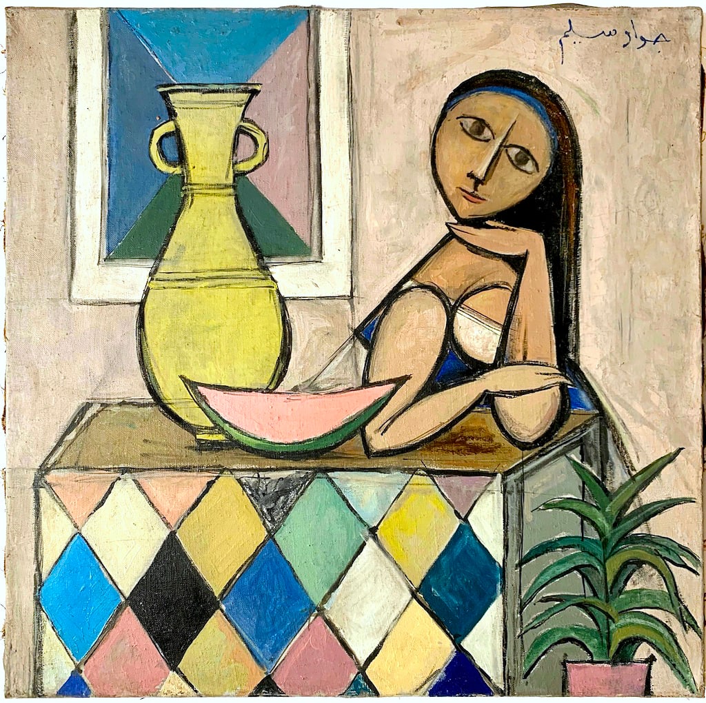 Jawad SELIM (1919-1961) Iraqi artist: Jawad SELIM (1919/21 Ankara, Turkey - 1961 Bagdad, Irak) ; A girl with watermelon ; c. 1950 ; oil on canvas / unframed ; dimensions 46,5 x 46 cm (18 1/4 x 18 in.) ; signed Arabic upper right corner ;
