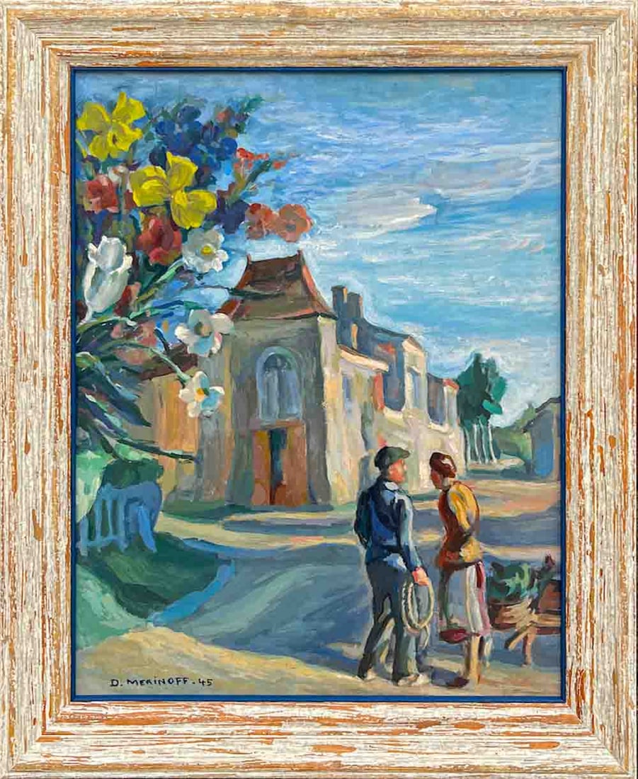 Dimitry MERINOFF (1896-1971) Russian - French: Dimitry MERINOFF (1896 Pskov - 1971 New York) ; Village street scene ; 1945 ; oil on paper mounted to plywood / framed ; dimensions 65 x 51 cm (25 2/3 x 20 in.) ; frame size 76,5 x 62,5 cm (30 x 24 2/