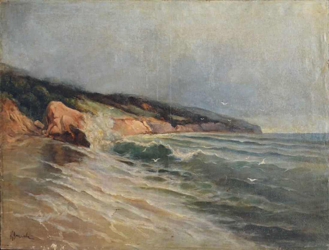 K. WESCHTSCHILOFF (1877-1945) Russian - American: Konstantin WESCHTSCHILOFF (1877 St. Petersburg - 1945 New York) ; The rocs at seashore (Russian period) ; late 19th - early 20th century ; oil on canvas / unframed ; dimensions 72 x 94 cm (28 1/3 x 37