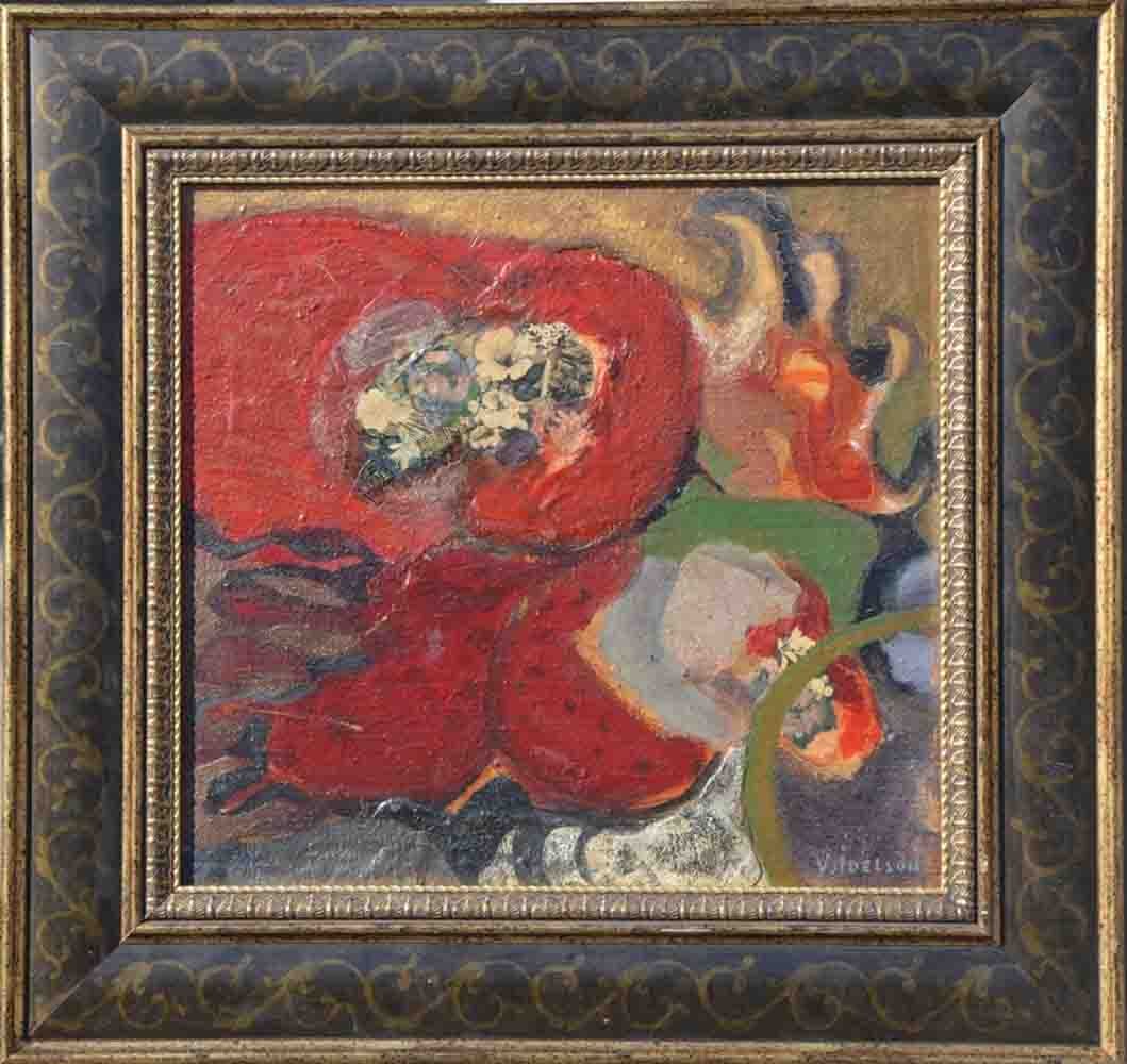 Vera IDELSON (1893-1977) Russian - Latvian - French: Vera IDELSON (1893 Riga - 1977 Paris) ; Collage ; the 2nd quarter of the 20th century ; canvas on cardboard, oil (applique) / framed ; dimensions 51 x 49 cm (20 x 19 1/3 in.) ; signed lower right corn