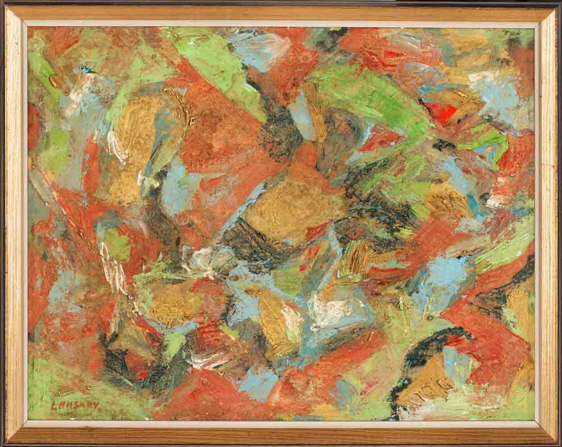 Andre Lanskoy (1902-1976): Andre Lanskoy (1902-1976) ; Abstract composition ; 1947 ; oil on canvas / framed ; dimensions 30,5 x 38,5 cm cm (12 x 15 in.) ; frame size 33,5 x 41,5 cm (13 1/4 x 16 1/3 in.) ; signed lower left corn