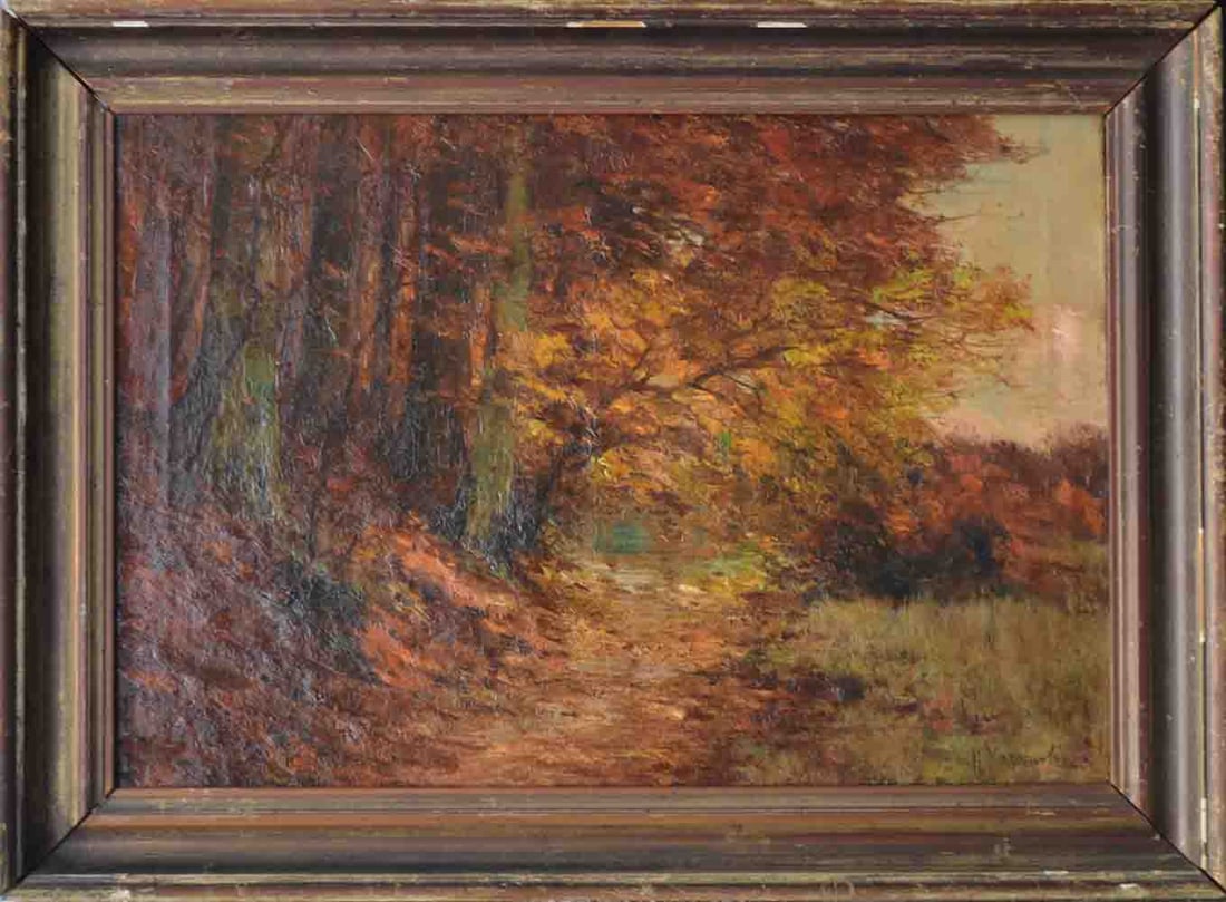 Isaac KAZARNOWSKI (1878-1942) Russian - Ukrainian: Isaac KAZARNOWSKI (1878-1942) ; Landscape ; late 19th - early 20th century ; oil on canvas / framed ; dimensions 46 x 66 cm (18 x 26 in.) ; frame size 58 x 78 cm (23 x 31 in.) ; signed lower right cor