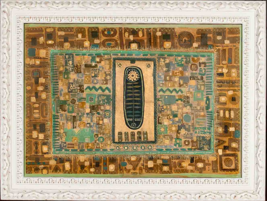 Jafar ROUHBAKHSH (1940-1996) Iranian - French: Jafar Rouhbakhsh (1940-1996) was active / lived in Iran, Islamic Republic ; Untitled abstract ; 1986 ; oil on canvas, artists media in gold / framed ; dimensions 64 x 91,5 cm (24 x 36 in.) ; frame siz