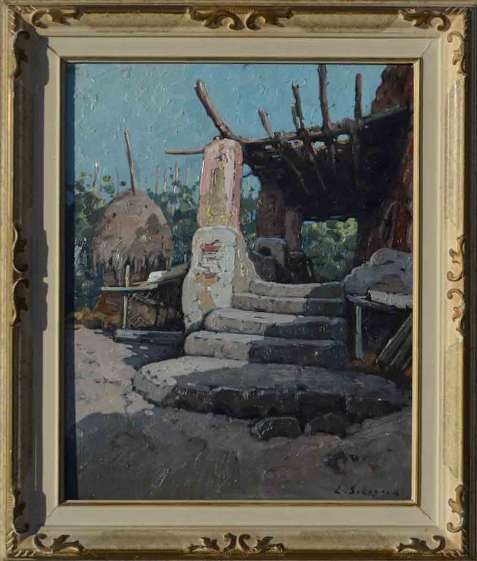 Leonid SOLOGUB (1884-1956) Russian - Swiss: Leonid SOLOGUB (1884 Krasnodar -1956 Hague ) ; Landscape ; mid 20th century ; oil on masonit / framed ; dimensions 50 x 40 cm (19 2/3 x 15 3/4 in.) ; frame size 64 x 54 cm (25 x 21 1/4 in.) ; signed l