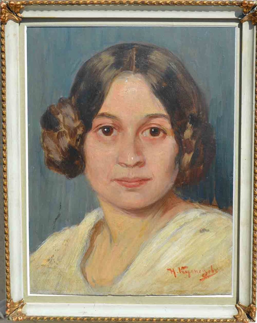Nikolai Kuznetsov (1850-1929) Ukrainian: Nikolai Dmitrievich Kuznetsov (1850-1929) ; Female portrait ; oil on cardboard / framed ; dimensions 24 x 18 cm (9 1/2 x 7 in.) ; frame size 31 x 22 cm (12 1/4 x 8 2/3 in.) ; signed lower right corner