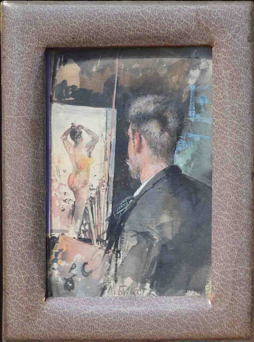 Leon BAKST (1866-1924) Russian - French: Leon BAKST (1866-1924) ; Self-portrait with a nude ; early 20th century ; watercolor on paper - framed ; dimensions 15 x 10 cm (6 x 4 in.) ; signed at the bottom in the middle ; Shipping to USA: DHL -