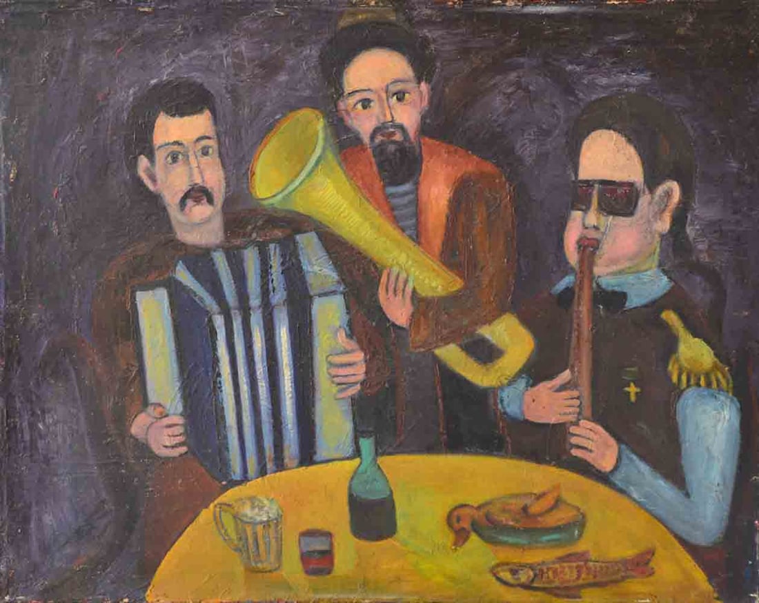 Oleg GRUNZOVSKY (1950) Ukrainian - Russian: Oleg GRUNZOVSKY (1950) ; Hangover ; 1982 ; oil on canvas / unframed ; dimensions 80 x 100 cm (31 1/2 x 39 1/3 in.) ; signed, named and dated on verso ; Shipping to USA - DHL $450 , National post with