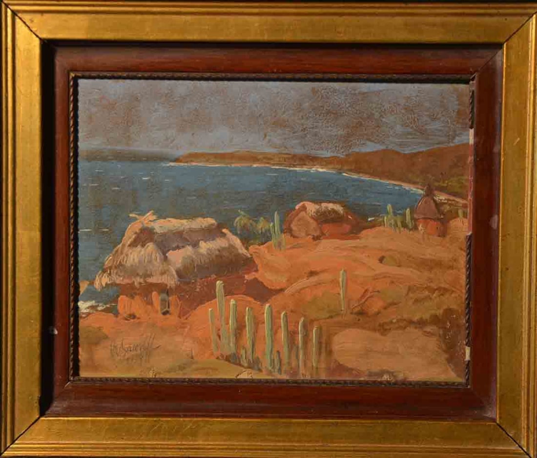 Alexander IACOVLEFF (1887-1938) Russian - French: Alexander Evgenevich IACOVLEFF (1887 St.Petersburg, Russia -1938 Paris, France) ; Mexica ; 1934 ; oil on cardboard / framed ; dimensions 19 x 25 cm (7 1/2 x 9 7/8 in.) ; signed and dated lower left co