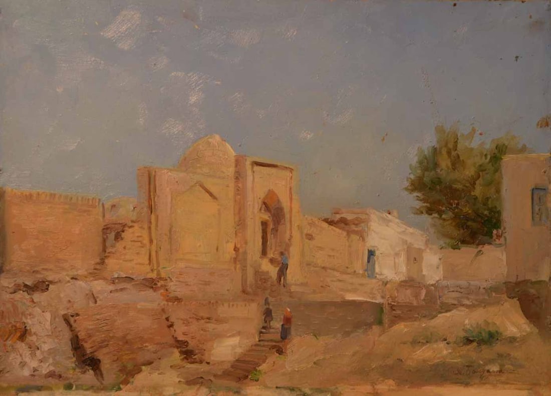 A. BONDAROVYCH (1892-1975) Ukrainian - Kazakh: Anatoly Martynovych BONDAROVYCH (1892-1975) ; Muslim landscape ; mid 20th century ; oil on cardboard / unframed ; dimensions 35 x 50 cm (13 3/4 x 19 2/3 in.) ; signed lower right corner ; Shipping to