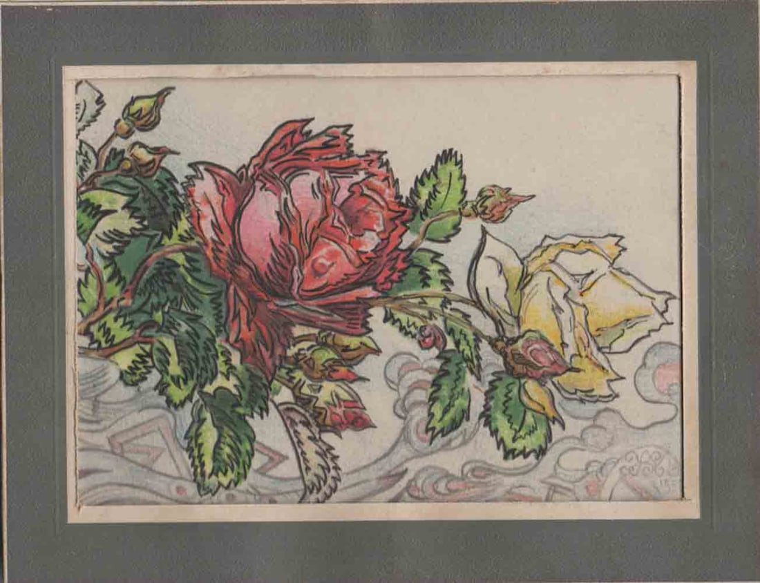 Mikhail ZHUK (1883-1964) Russian - Ukrainian: Mikhail ZHUK (1883-1964) ; Decorative still-live in Modern ; 1938 ; colored ink and colored pencils on paper / framed ; dimensions 13 x 18 cm (5 x 7 in.) ; frame size 21 x 26 cm (8 1/4 x 10 1/4 in.) ;