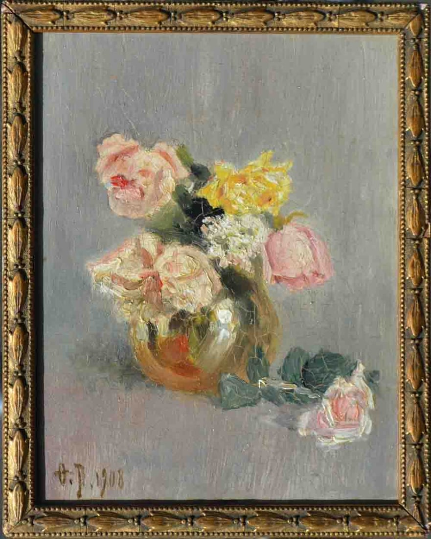 Fedor Rerberg (1865-1938): Fedor Ivanovich Rerberg (1865-1938) ; Still-life with roses in vase ; 1908 ; oil on cardboard / framed ; dimensions 18 x 14 cm (7 x 5 1/2 in.) ; frame size 20 x 16 cm (8 x 6 1/3 in.) ; signed and date