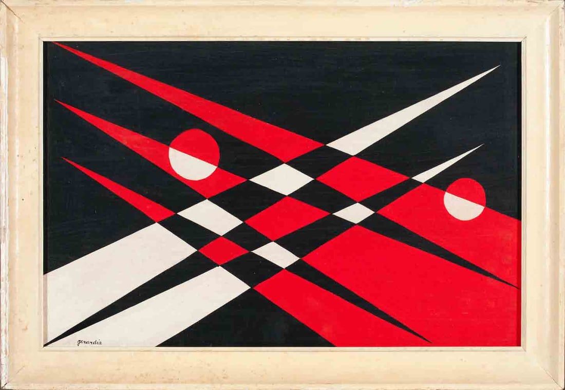 Helen Gerardia (1903-1988) Ukrainian - American: Helen Gerardia (1903-1988) ; Abstract ; mid 20th century ; oil on hardboard / framed ; dimensions 39 x 59 cm (15 1/3 x 23 1/4 in.) ; frame size 47 x 68 cm (18 1/2 x 26 3/4 in.) ; signed lower left cor