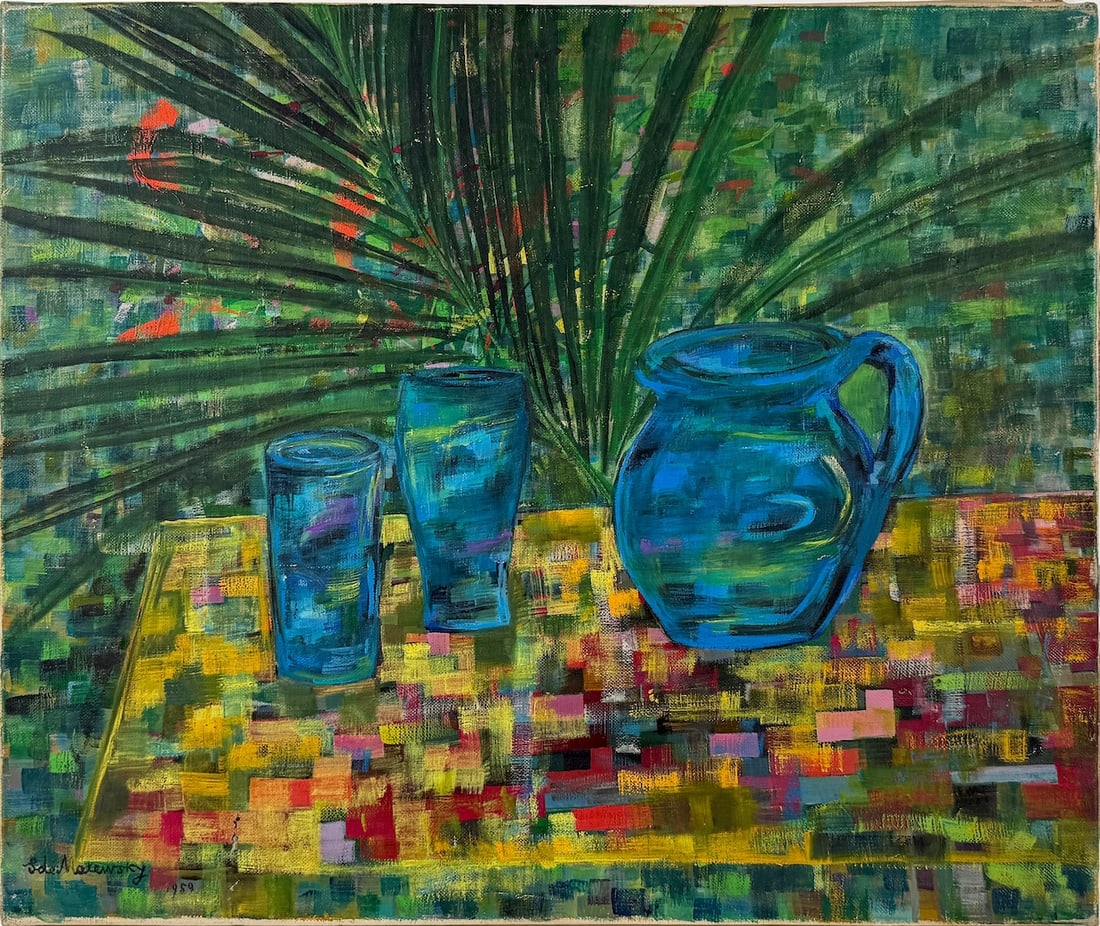 Sv. de MALEVSKIJ (1905-1973) Russian - French: Svjatoslav MALEVSKIJ MALEVIC (1905 St.Petersburg/Russia - 1973 Paris/France) ; The blue pitcher ; 1959 ; oil on canvas / unframed ; dimensions 46 x 55 cm (18 x 21 2/3 in.) ; signed lower left corner ;