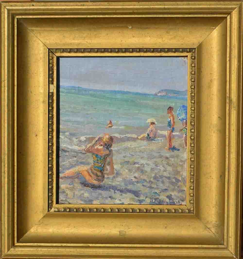 Ilja MASCHKOFF (1881-1944) Russian: Ilja MASCHKOFF (1881-1944) ; On the Beach ; 1930s ; canvas on cardboard, oil / framed ; dimensions 18 x 16 cm (7 x 6 1/3 in.) ; signed lower left corner ; Shipping to USA - DHL $160 , National post wi