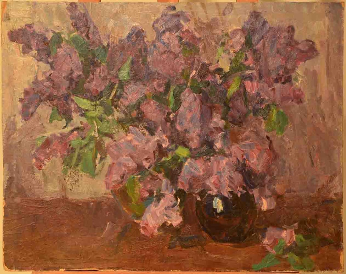 Sergej SOLODOVNIK (1915-1991) Russian - Ukrainian: Sergej Maximovich SOLODOVNIK (1915-1991) ; Lilac ; mid 20th century ; oil on cardboard / unframed ; dimensions 50 x 65 cm (19 2/3 x 23 2/3 in.) ; signed on verso ; Shipping to USA - DHL $160 , Nationa