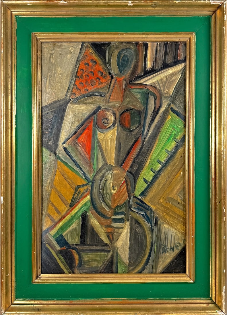 Elisabeth RONGET (1899-1980) Polish - Russian - French: Elisabeth RONGET (1899-1980) ; Cubistic Nude ; oil on masonite / framed ; dimensions 60 x 38,5 cm (23 2/3 x 15 1/4 in.) ; frame size 78 x 56 cm (30 3/4 x 22 in.) ; signed lower right corner ; Shipping