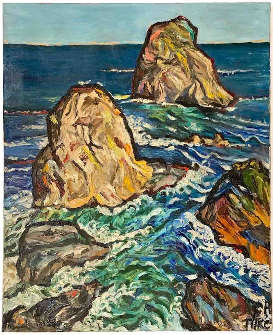Takeshi HAYASHI (1896-1975) Japanese: Takeshi HAYASHI (1896-1975) ; Ocean rocks ; c. 1960s ; oil on canvas / unframed ; dimensions 73 x 60 cm (28 3/4 x 23 2/3 in.) ; signed lower right corner ; Shipping to USA - DHL $550 , National post w