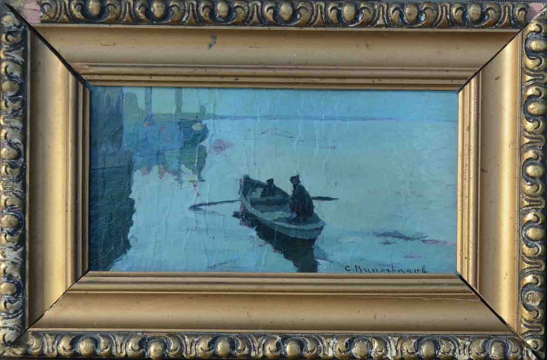 Sergey VINOGRADOV (1869-1938) Russian - Ukrainian: Sergej Arsenevic VINOGRADOV - Sergei Arsenevich WINOGRADOFF (1869-1938) ; Fisherman in a boat ; early 20th century ; oil on cardboard / framed ; dimensions 12 x 22 cm (4 3/4 x 8 2/3 in.) ; frame size