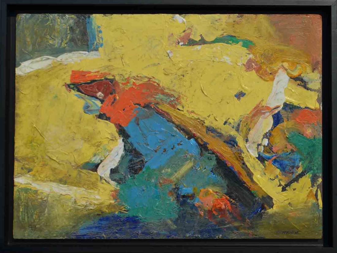 George MCNEIL (1908-1995) American: George MCNEIL (1908-1995) ; Abstract Landscape ; 1965 ; oil on board / framed ; dimensions 55,8 x 76,2 cm (22 x 30 in.) ; signed and dated lower right corner ; inscriptions on verso ; Shipping to USA