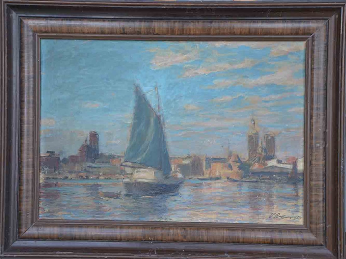 Vladimir ROZMAINSKI (1885-1943) Georgian - French: Vladimir ROZMAINSKI (1885 Tiflis - 1943 Paris) ; Seascape ; 1st third of the 20th century ; mixes media on cardboard / framed ; dimensions 33 x 47 cm (13 x 18 1/2 in.) ; signed lower right corner ; Sh