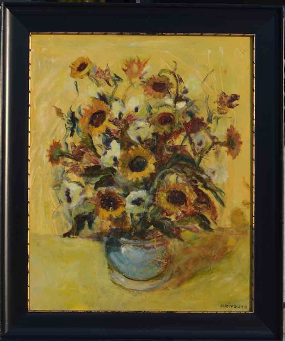 V. KRIVOUTZ (1904-1972) Russian - French - Brazilian: Vladimir KRIVOUTZ (1904 St. Petersburg - 1972 San Paulo) ; Flowers ; mid 20th century ; oil on canvas / framed ; dimensions 61 x 50 cm (24 x 19 2/3 in.) ; frame size 71 x 60 cm (28 x 23 2/3 in.) ;sign