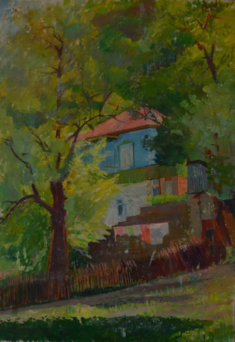 Mark KAPLAN (1905-1990) Ukrainian - Russian: Mark Yakovlevich KAPLAN (1905-1990) ; Artists house ; 1960-70s ; oil on canvas / unframed ; dimensions 100 x 70 cm (39 1/3 x 27 1/2 in.) ; signed on verso ; Shipping to USA - DHL $250 , National post