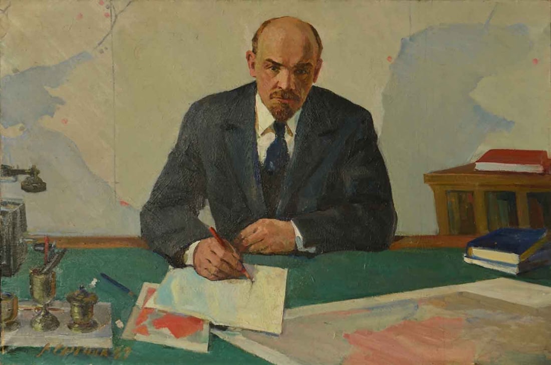 V. SITNIK - 1969 (Russian): Lenin in the cabinet ; 1969 ; oil on canvas / unframed ; dimensions 100 x 150 cm (39 1/3 x 59 in.) ; signed lower right corner ; Shipping to USA - DHL $450 , National post with tracking service $220 /