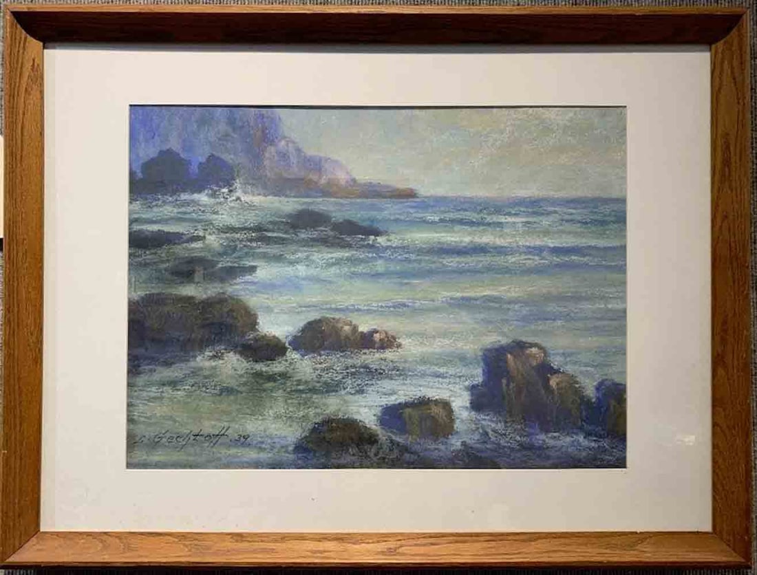 L. GECHTOFF (1883-1941) Russian - Ukrainian - American: Leonid GECHTOFF (1883 Odessa, Ukraine - 1941 USA) ; Seashore ; 1939 ; gouache and pastel on paper / framed ; dimensions 41 x 56 cm (16 x 22 in.) ; frame size 63 x 83 cm (25 x 33 in.) ; signed lower le