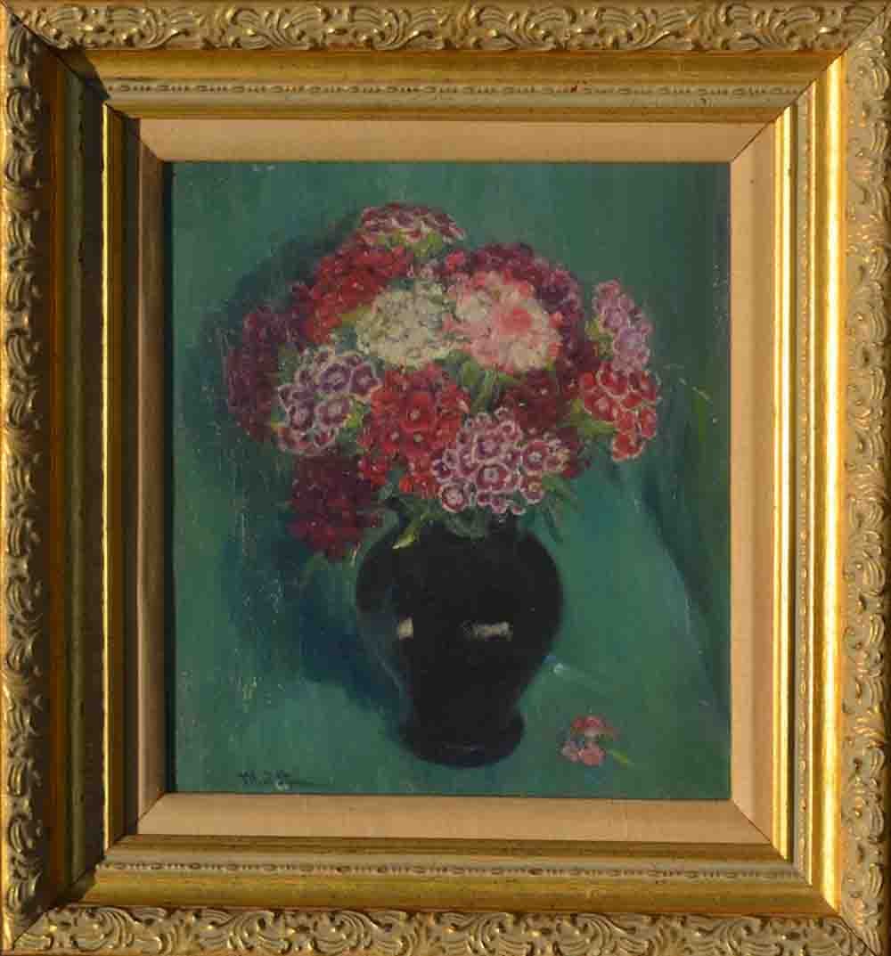 Maria Judson Strean (1865-1949) American: Maria Judson Strean (1865-1949) ; Floral still-life ; the 1st half of the 20th century ; canvas on cardboard, oil painting / framed ; dimensions 34 x 30 cm (13 1/3 x 12 in.) ; frame size 49 x 45 cm (1