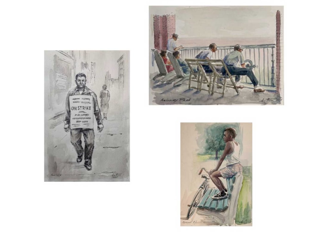 Alexander BYSTRYAKOV (1907-1966) Ukrainian - American: Alexander BYSTRYAKOV (1907-1966) ; Lot of 3 drawings ; Street scenes in New York ; On strike, watercolour and ink on paper, 30,5 x 23 cm (12 x 9 in.) ; Asbury Park, watercolour and ink on paper, 23 x 