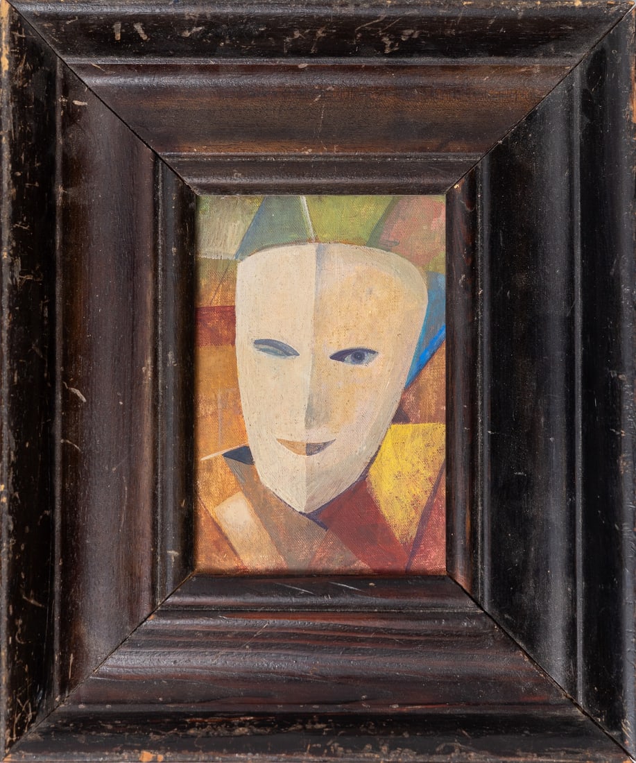 Sandor BORTNYIK (1893-1976) Hungarian - Austrian - Germany: Sandor BORTNYIK (1893-1976) ; The mask ; Weimar, 1922 ; tempera on canvas attached to cardboard / framed ; dimensions 16,5 x 11,3 cm (6 1/2 x 4 1/2 in.) ; frame size 29,5 x 24,5 cm (11 2/3 x 9 2/3 in.