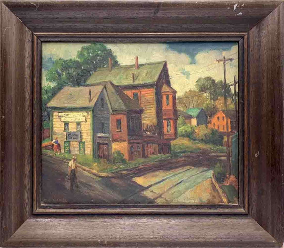 Frank Cohen KIRK (1889-1963) Ukrainian - American: Frank Cohen KIRK (1889-1963) ; Village street ; the 2nd quarter of the 20th century ; oil on canvas panel / framed ; dimensions 25,5 x 30,5 cm (10 x 12 in.) ; signed lower left corner ; Shipping to US