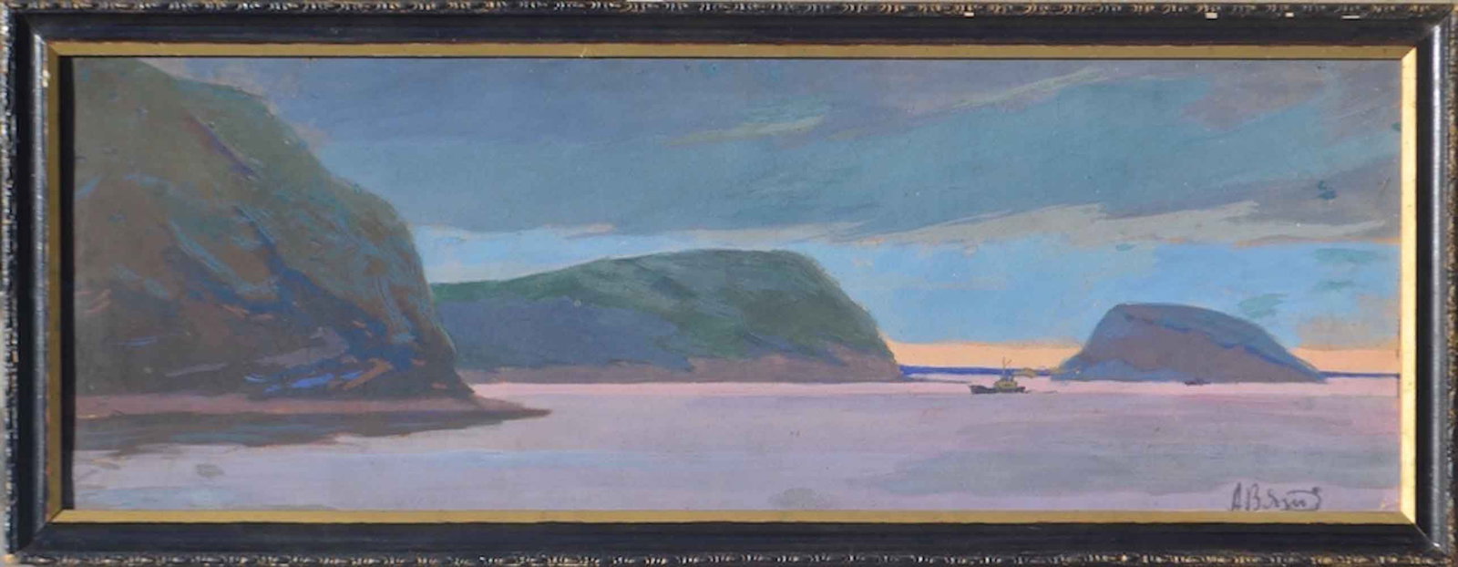 Aleksandr VYATKIN (1922-2012) Russian - Ukrainian: Aleksandr VYATKIN (1922-2012) ; Of the coast of the Arcticthe ; 1964 ; tempera on cardboard ; dimensions 35 x 100 cm (13 3/4 x 39 1/3 in.) ; signed lower right corner ; artists inscriptions on verso ;