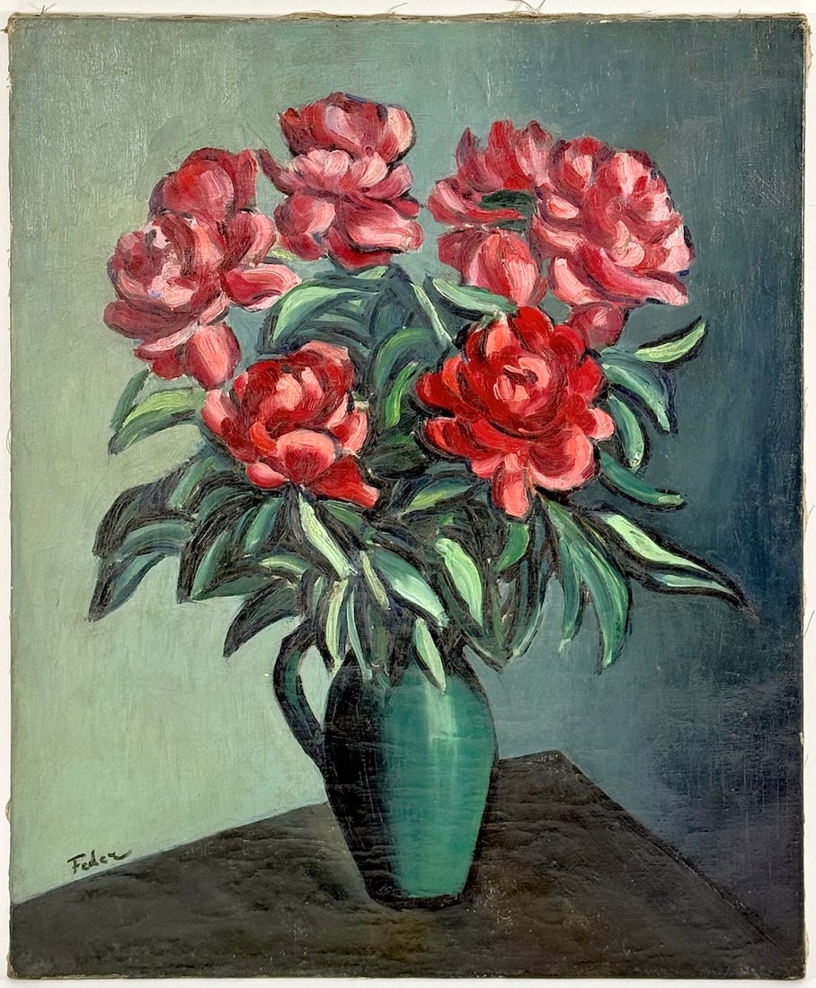 Adolphe FEDER (1886-1943) Ukrainian - French: Adolphe FEDER (1886-1943) ; Bouquet of flowers in the green vase ; early 20th century ; oil on canvas / unframed ; dimensions 65 x 54 cm (25 1/2 x 21 1/4 in.) ; signed lower left ; Shipping to USA - D