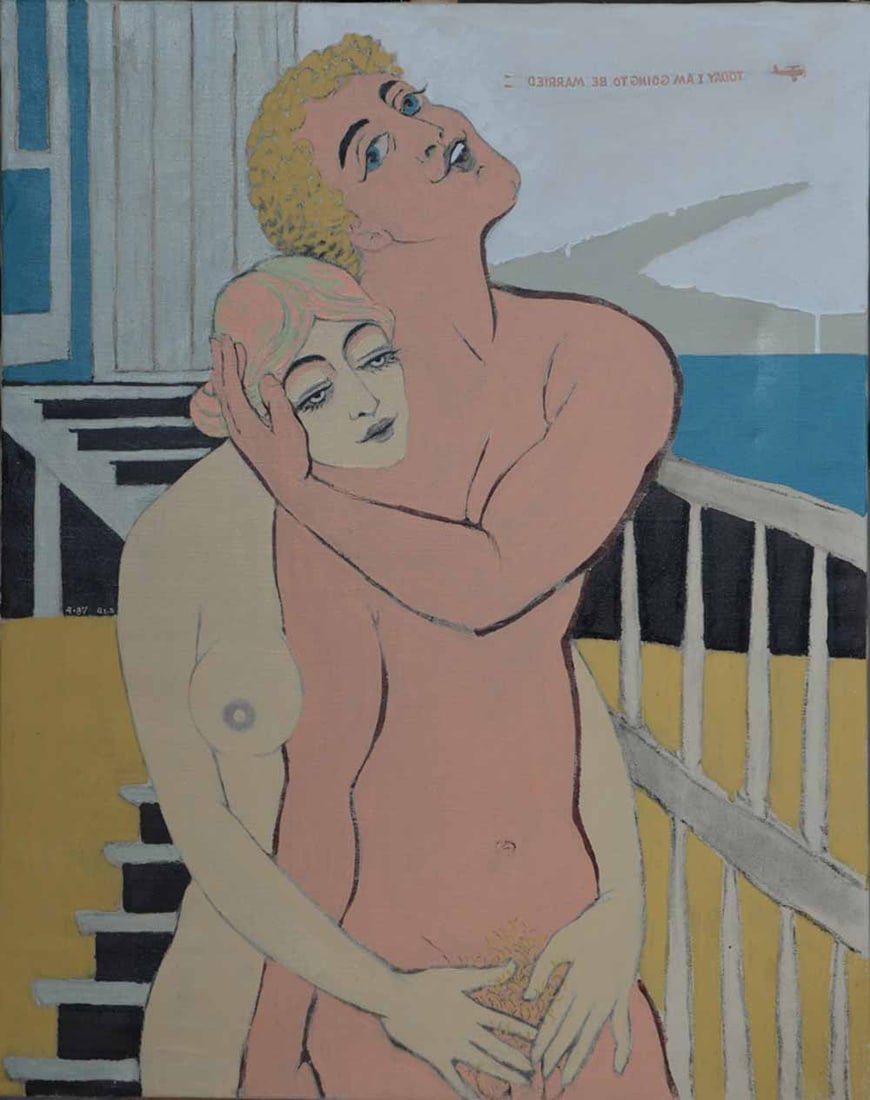 Robert SLATER (1919-1995) American: Robert SLATER (1919-1995) ; Erotic scene ; 1987 ; oil on canvas ; dimensions 92 x 73 cm (36 1/4 x 28 3/4 in.) ; signed and dated lower left ; Shipping to USA - DHL $320 , National post with tracking s