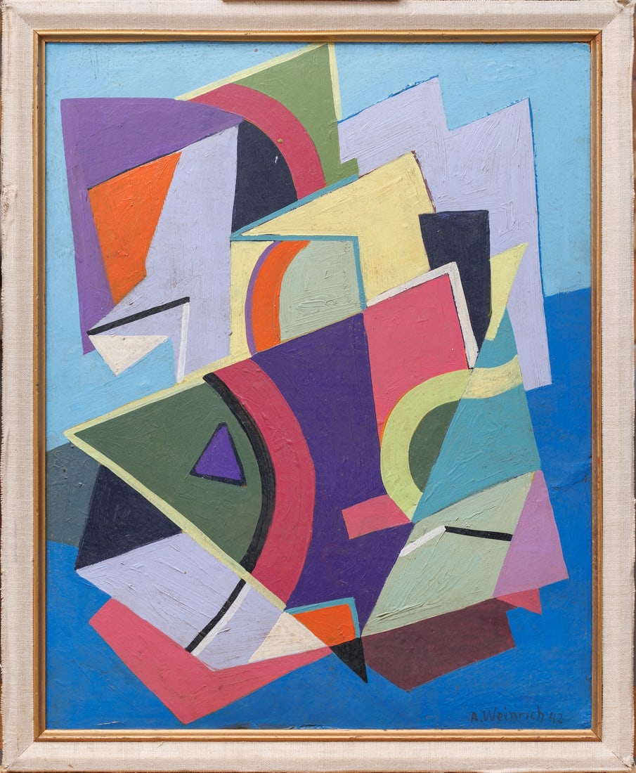 Agnes WEINRICH (1873-1946) American: Agnes WEINRICH (1873-1946) New York, Washington ; Cubist Composition ; 1942 ; oil on cardboard / framed ; dimensions 51 x 41 cm (20 x 16 in.) ; frame size 55,5 x 45,5 cm (22 x 18 in.) ; signed and dat